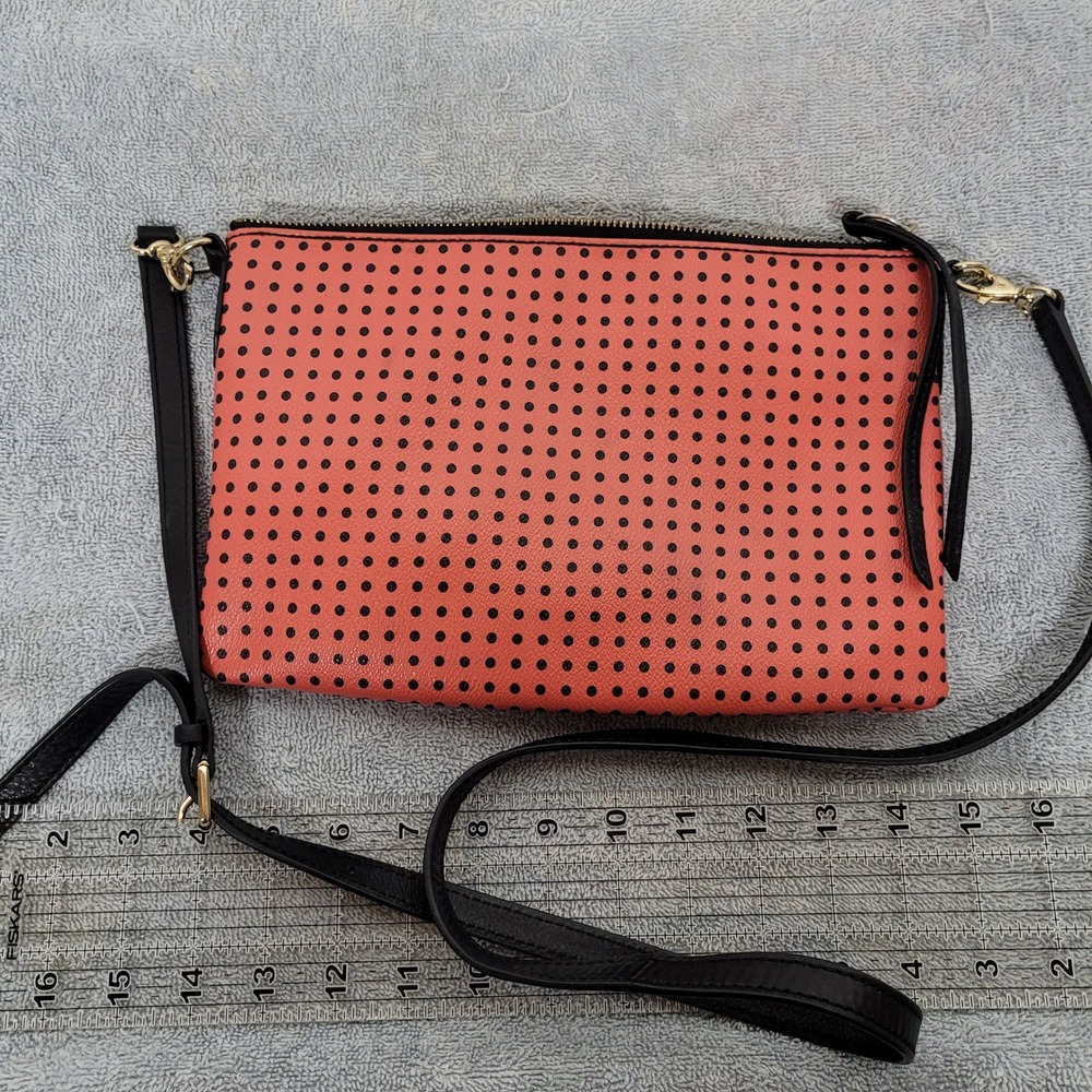 Fossil Coral Pink Black Polka Dot Perforated Leather Crossbody Bag Clutch